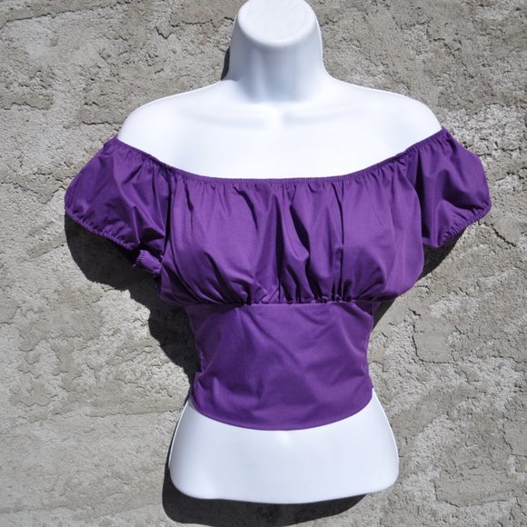 Two Crop top Low Shoulder Cars print and Purple Retro Vintage tops. - Picture 4 of 5